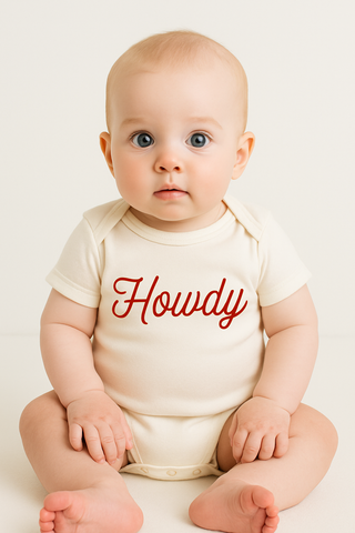 "HOWDY" Organic Baby Onesie (Red & Natural)