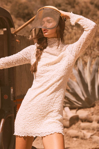 Floral Lace Mock-Neck Long-Sleeve Mini Dress