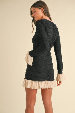 Contrast Frill Detailed Ruched Mini Dress