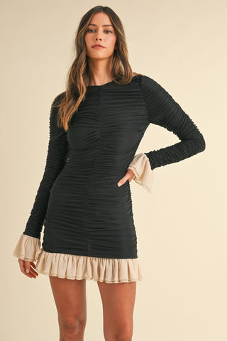 Contrast Frill Detailed Ruched Mini Dress