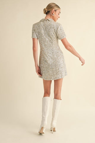 Sequin Collared Front Button Detail Mini Dress (PO)