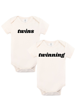 "TWINS TWINNING" Matching Twin Set Organic Baby Onesie's