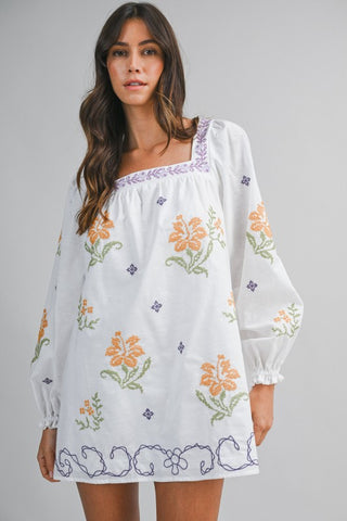 Square Neck Embroidered Long Sleeve Mini Dress