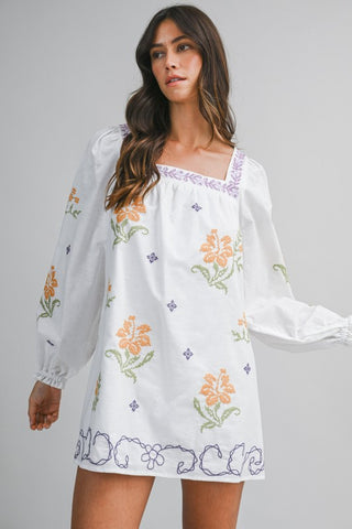 Square Neck Embroidered Long Sleeve Mini Dress Large Square Neck Embroidered Long Sleeve Mini Dress Large